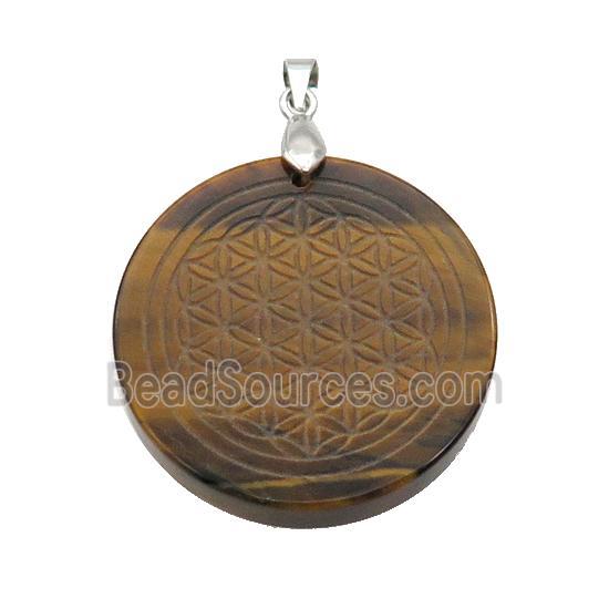 Tiger Eye Stone Circle Pendant Flower Of Life Craved