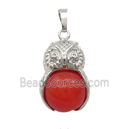 Red Dye Agate Owl Alloy Pendant