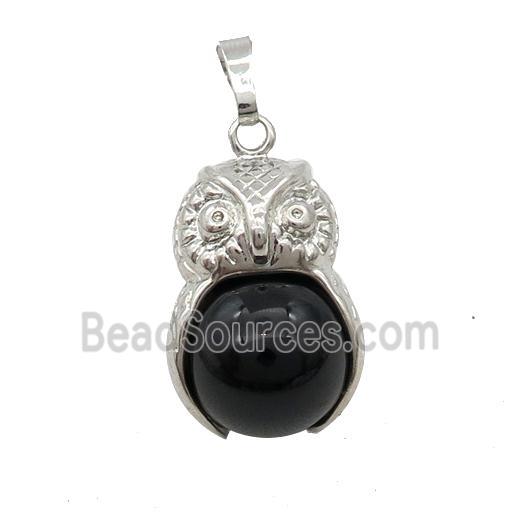 Black Onyx Agate Owl Alloy Pendant