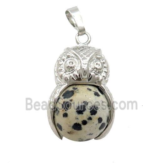 Black Dalmatian Jasper Owl Alloy Pendant