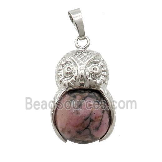 Alloy Owl Pendant With Rhodonite