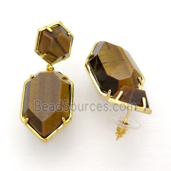 Tiger Eye Stone Copper Stud Earring Gold Plated