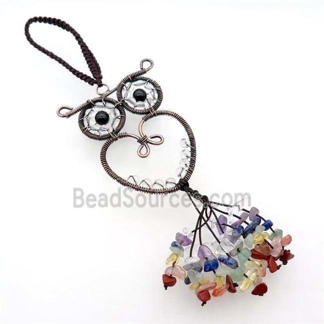 Copper Owl Pendant With Gemstone Chip Chakra Wire Wrapped Antique Red