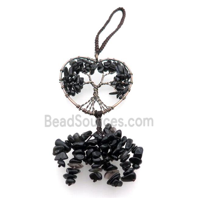 Black Obsidian Chip Pendant Tree Of Life Antique Red