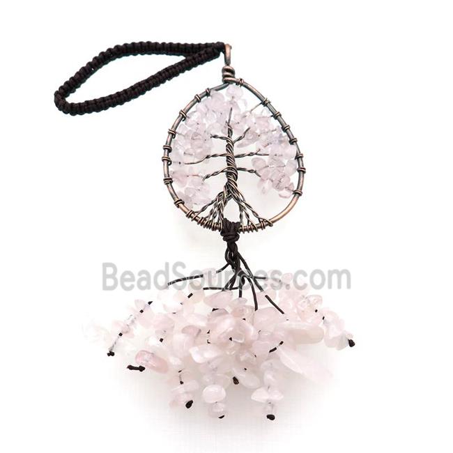 Pink Rose Quartz Chip Pendant Tree Of Life Antique Red