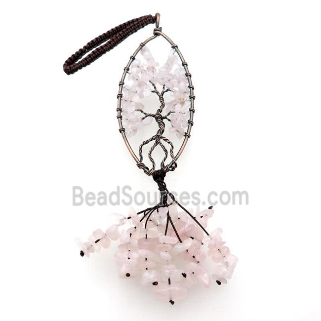 Pink Rose Quartz Chip Pendant Tree Of Life Antique Red