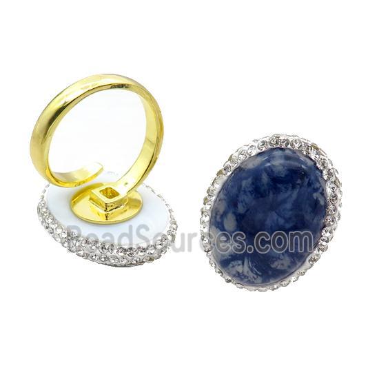 Blue Synthetic Quartz Copper Ring Pave Rhinestone Adjustable Gold Plated