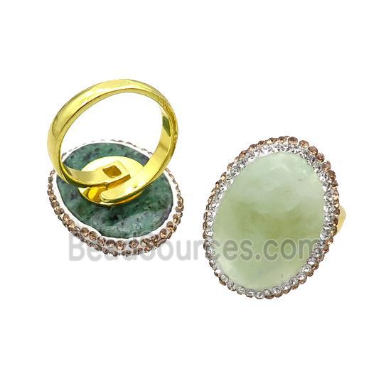 Green Jade Copper Ring Pave Rhinestone Adjustable Gold Plated