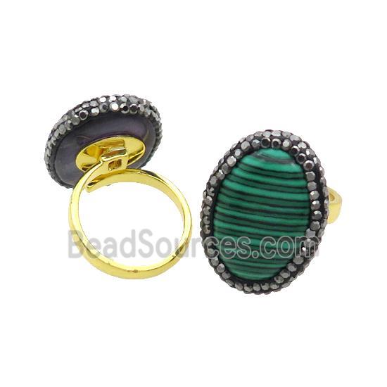 Synthetic Malachite Copper Ring Pave Rhinestone Adjustable Gold Plated