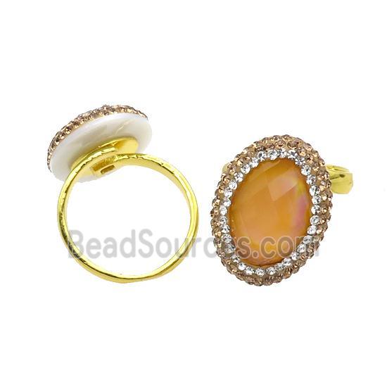 Orange Crystal Glass Copper Ring Pave Rhinestone Adjustable Gold Plated