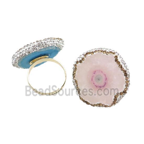 Lt.pink Quartz Druzy Copper Ring Pave Rhinestone Adjustable Gold Plated