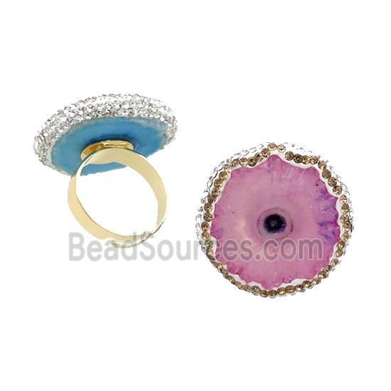 Pink Quartz Druzy Copper Ring Pave Rhinestone Adjustable Gold Plated