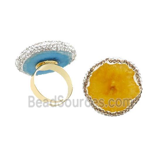 Yellow Quartz Druzy Copper Ring Pave Rhinestone Adjustable Gold Plated