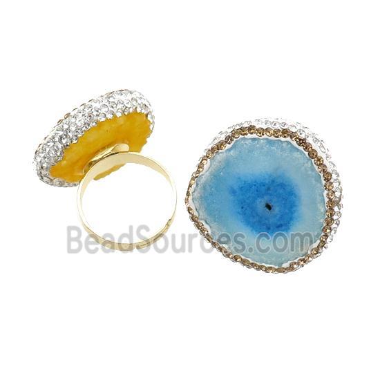 Blue Quartz Druzy Copper Ring Pave Rhinestone Adjustable Gold Plated