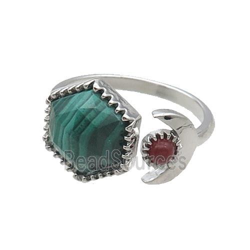 Natural Malachite Copper Ring Hexagon Platinum Plated