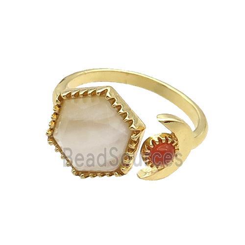 White Moonstone Copper Ring Hexagon Gold Plated