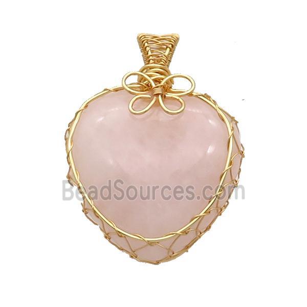 Pink Rose Quartz Heart Pendant Wire Wrapped