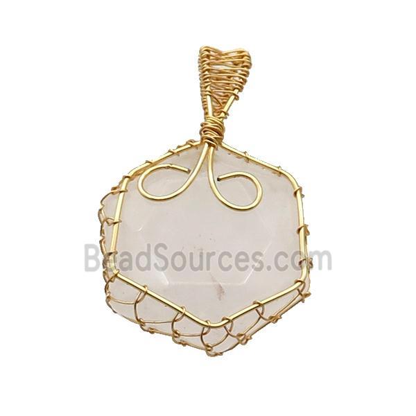 White Crystal Quartz Hexagon Pendant Wire Wrapped