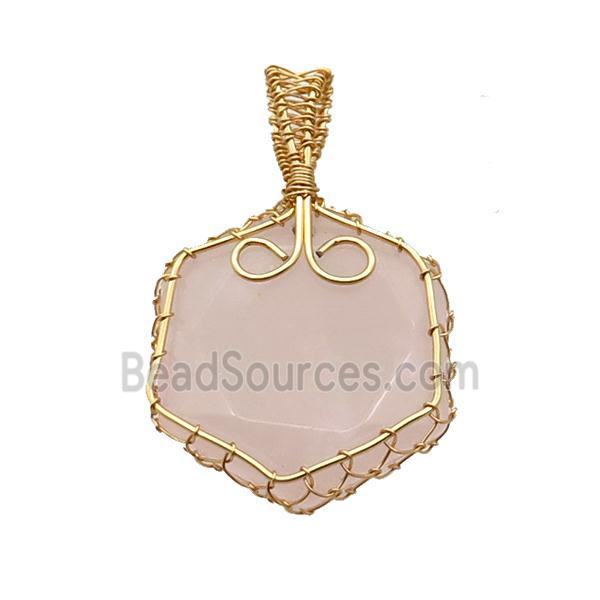 Pink Rose Quartz Hexagon Pendant Wire Wrapped