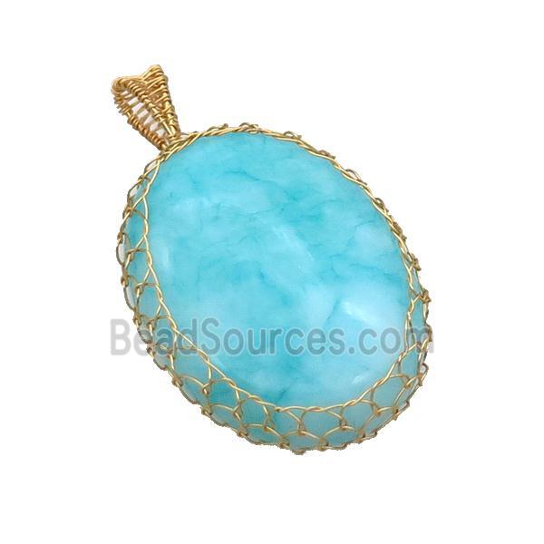 Blue Dye Amazonite Oval Pendant Wire Wrapped