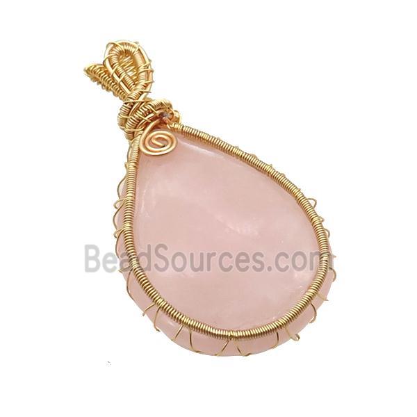 Pink Rose Quartz Teardrop Pendant Wire Wrapped