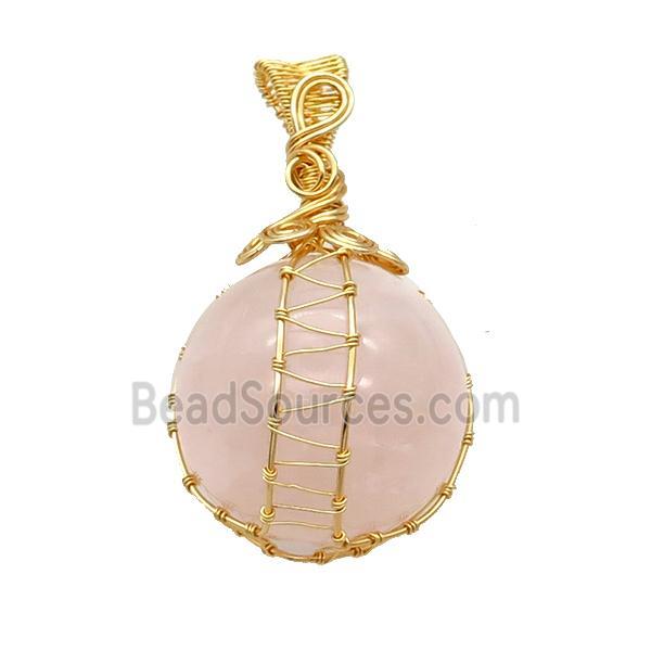 Pink Rose Quartz Pendant Round Wire Wrapped