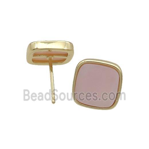 Copper Stud Earring Pave Pink Shell Square Gold Plated