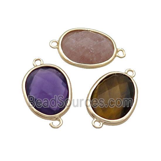 Mix Gemstone Connector Faceted Oval Gold Plated