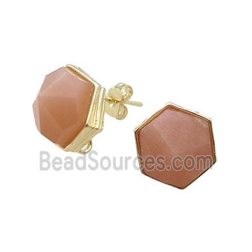 Peach Moonstone Hexagon Stud Earring Copper Gold Plated