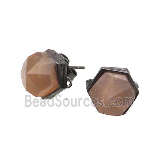 Peach Moonstone Hexagon Stud Earring Copper Black Plated