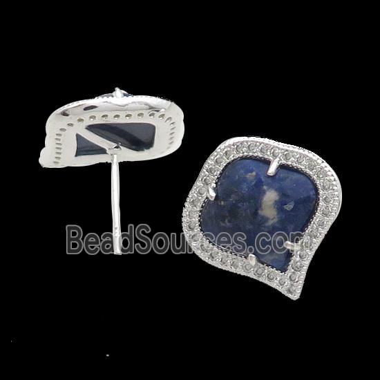 Blue Sodalite Stud Earring Copper Pave Zircon Silver Plated