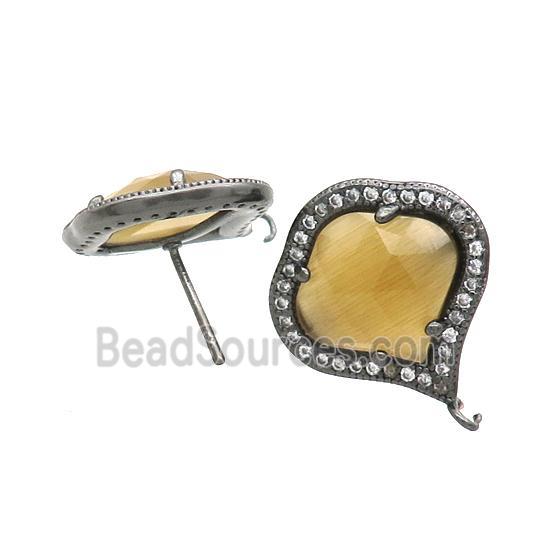 Yellow Cat Eye Glass Stud Earring Copper Pave Zircon With Loop Black Plated