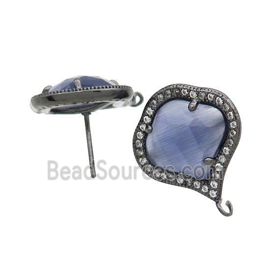 Blue Cat Eye Glass Stud Earring Copper Pave Zircon With Loop Black Plated