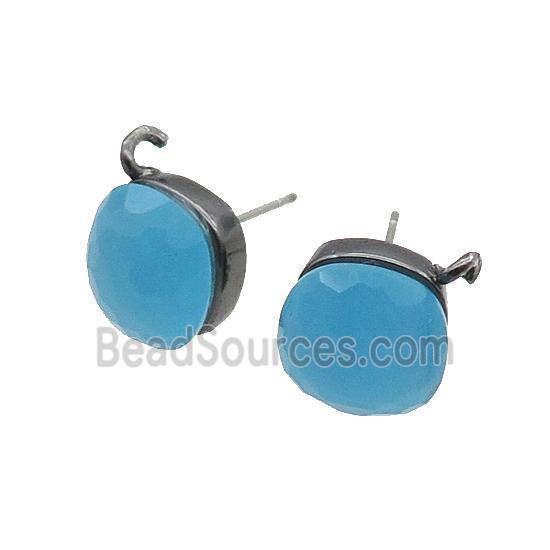 Blue Cat Eye Glass Stud Earring Copper Loop Black Plated