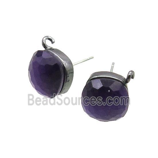 Purple Cat Eye Glass Stud Earring Copper Loop Black Plated