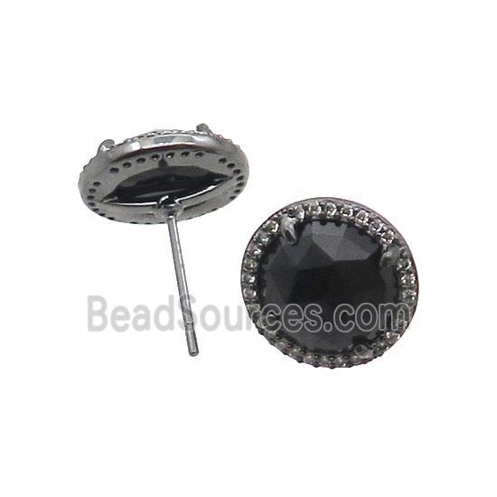 Black Cat Eye Glass Stud Earring Copper Pave Zircon Circle Black Plated