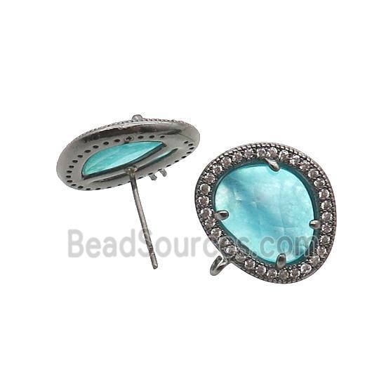 Aqua Jade Stud Earring Copper Pave Zircon With Loop Black Plated