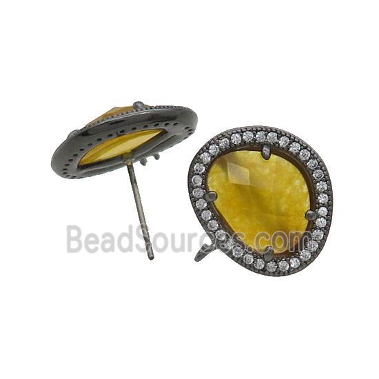 Yellow Jade Stud Earring Copper Pave Zircon With Loop Black Plated