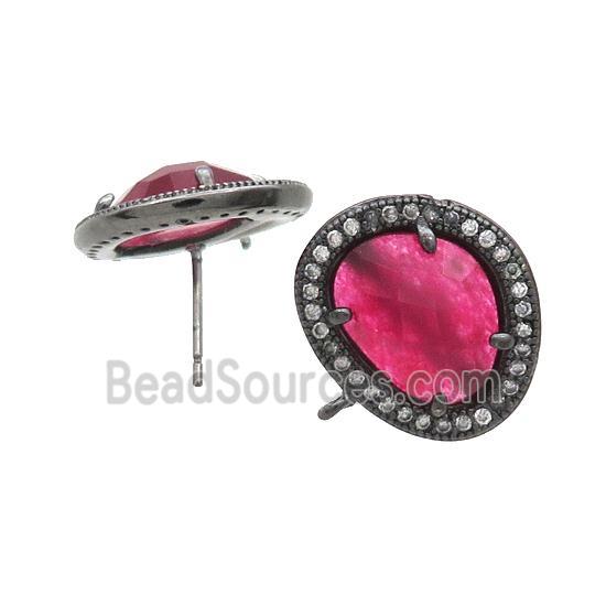 Red Jade Stud Earring Copper Pave Zircon With Loop Black Plated