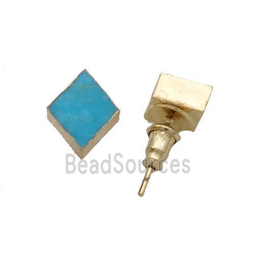 Blue Magnesite Turquoise Stud Earring Rhombis Gold Plated