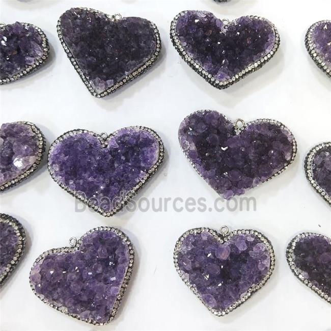 Amethyst Druzy Pendant Pave Rhinestone Heart