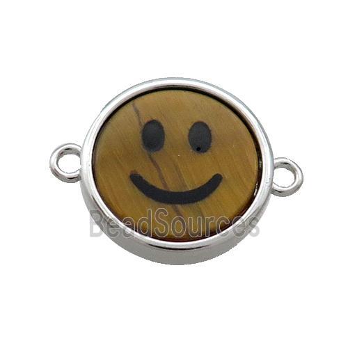 Tiger Eye Stone Emoji Connector Smileface Circle Platinum Plated