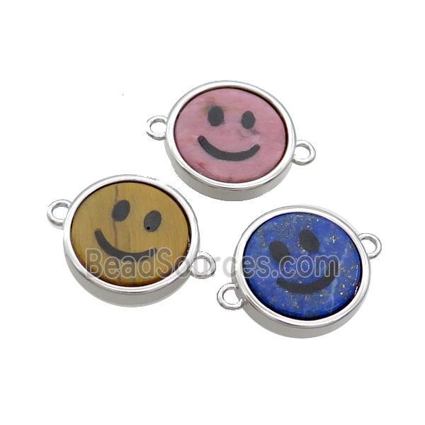 Mix Gemstone Emoji Connector Smileface Circle Platinum Plated