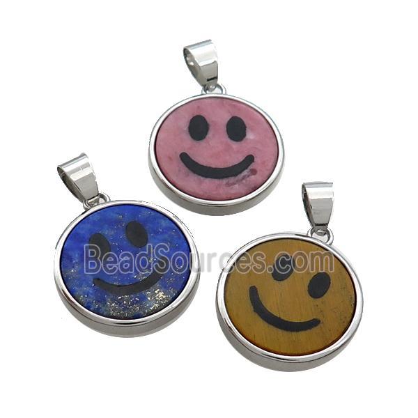 Mixed Gemstone Emoji Pendant Smileface Circle Platinum Plated