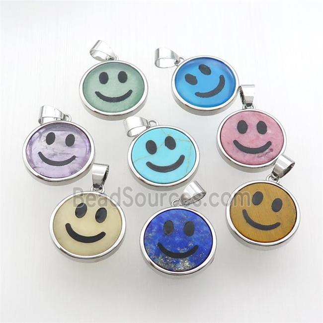 Mixed Gemstone Emoji Pendant Smileface Circle Platinum Plated