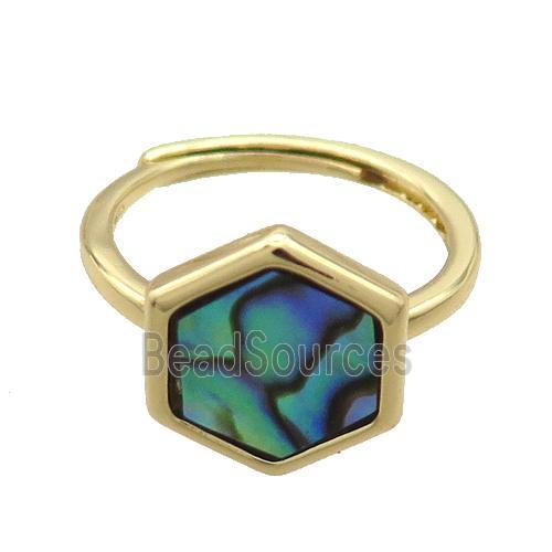 Copper Ring Pave Abalone Shell Hexagon Adjustable Gold Plated