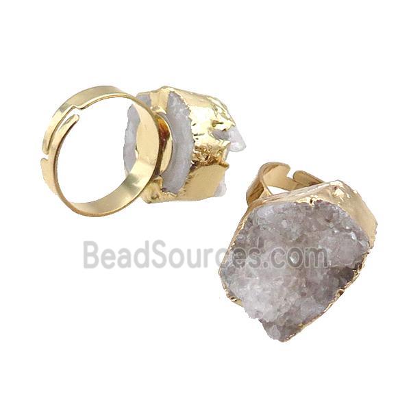 White Druzy Quartz Copper Ring Adjustable Gold Plated