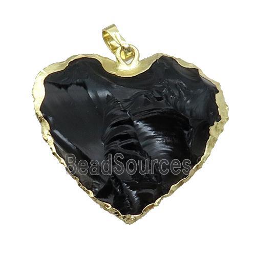 Natural Obsidian Heart Pendant Hammered Gold Plated