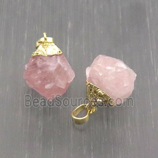 Hammered Rose Quartz Pendant Freeform Nugget Pink Gold Plated