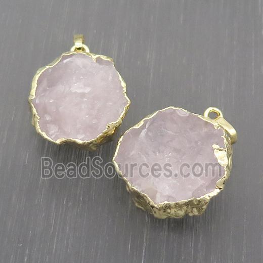 Hammered Rose Quartz Pendant Circle Pink Gold Plated